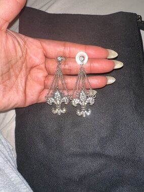 Silver Crystal Fleur-de-Lis Drop Earrings